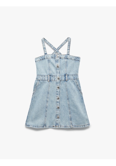 Koton Pamuklu Askılı Düğmeli Cepli Denim Elbise Lıght Indıgo 5skg80023ad Açık Mavi