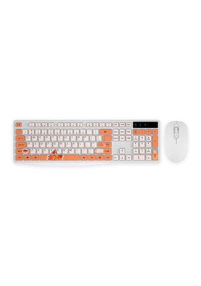 Kablosuz Klavye Mouse Seti Kedi Temalı Sessiz Turuncu Beyaz Retro Tablet Laptop Pc Uyumlu Optik