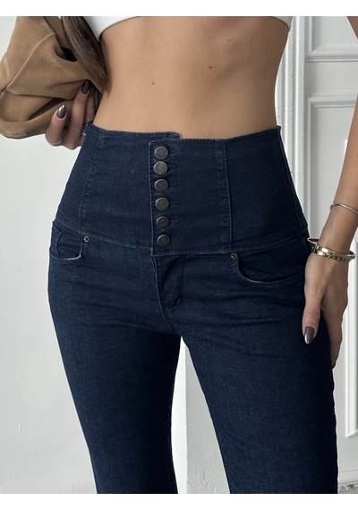 Kadın Yüksek Bel 6 Düğmeli Kot Dar Paça Pantolon Jeans Lacivert