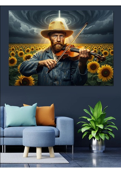 Çiçek Tarlasında Keman Çalan Van Gogh Dekoratif Kanvas - Mdf Ahşap Tablo