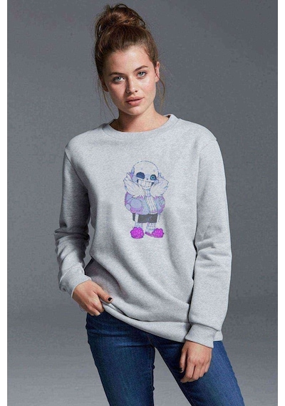 Undertale Mozaik Baskılı Gri Kadın Sweatshirt