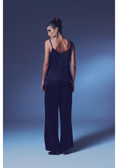 Sateen Simli Degaje Yaka Bluz - Lacivert-135305 Lacivert