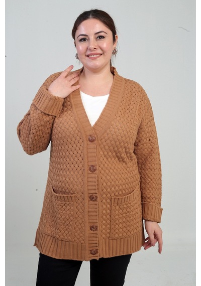 By Saygı Kadın Sepet Örgü Model Cepli Tunik Hırka Camel