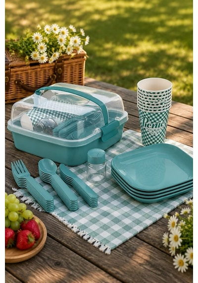 Titiz Lovely 32 Parça 6 Kişilik Piknik Seti Bpa Free Kapaklı Taşınabilir Piknik Sepeti Çok Renkli