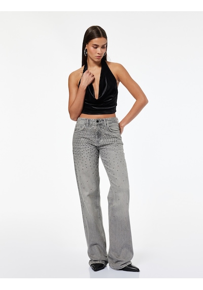 Koton Slim Fit Kadife Degaje Yaka Kolsuz Crop Bluz Siyah 7wal30002ık