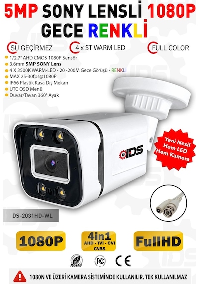 Ids Gece Renkli 5mp Sony Lens 1080P FHD Ahd Güvenlik Kamerası 4X Ultra Led Plastik Kasa 2 Adet