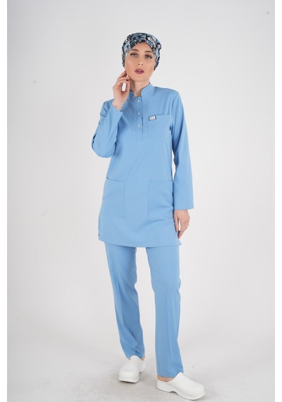 Bebe Mavi Renk Sakura Model Tesettür Doktor Hemşire Scrubs Üniforma Takımı Bebe Mavi
