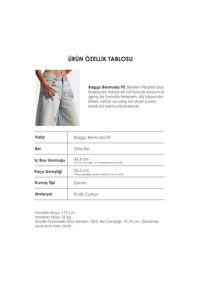 Kadın Kot Rengi T-4s6-99 Baggy Bermuda Nakış Parlak Taş Özel Tasarım Jort Çok Renkli