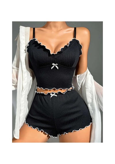 Kadın Siyah Fitilli Askılı Şortlu Pijama Takım 5042