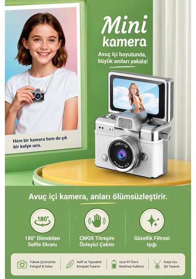 Cepaks Lk-027 Beyaz Retro Mini Dijital Fotoğraf Makinesi Hd Video, Katlanabilir Ekranlı 48 Mp Flaşlı
