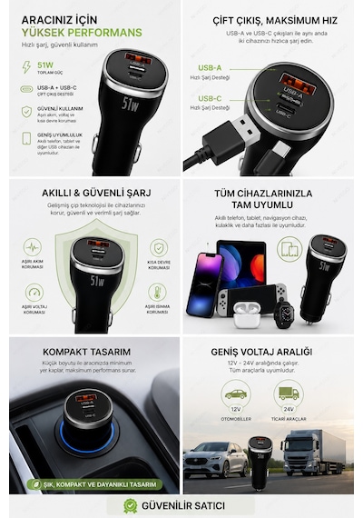 Nivego 51w Pd 6a Araç İçi Hızlı Şarj Cihazı Usb-c + Usb-a Çift Çıkışlı Type-c Ve İphone Uyumlu Oto Çakmaklık Şarj Adaptörü