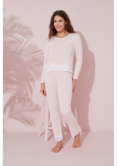 Siyah İnci Dantel Detaylı Pamuklu Örme Pijama Takım 24240148 Somon