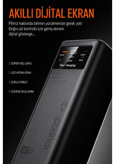 50000 Mah 22.5w Süper Hızlı Şarj Dijital Ekranlı Kablolu Led Işıklı Powerbank Siyah