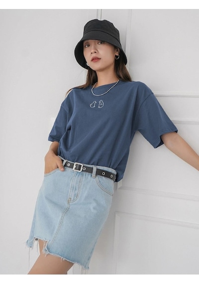 Flood Of Style Kadın Indigo Mavi Penguen Baskılı Oversize T-shirt Lacivert
