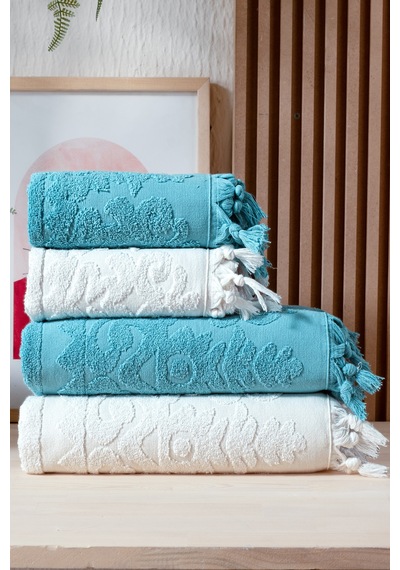 Kumsal 4'lü Hamam Seti %100 Pamuk 2 Adet 70x140 Beden, 2 Adet 50x90 El, Yüz, Saç Havlu , 1250gr Krem - Mavi