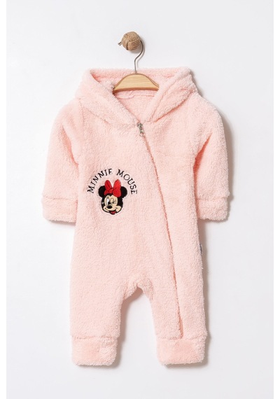 Kışlık Tatlı Welsoft Minnie Mouse Nakışlı Fermuarlı Kapüşonlu Bebek Tulum Pembe
