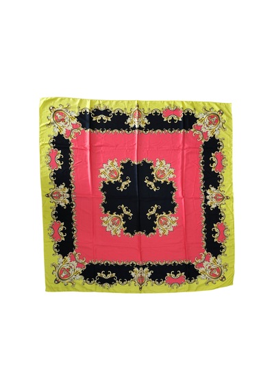 Tikitonki Geometrik Çiçek Desenli Saten Sarı Eşarp - 90x90 Pembe Pembe