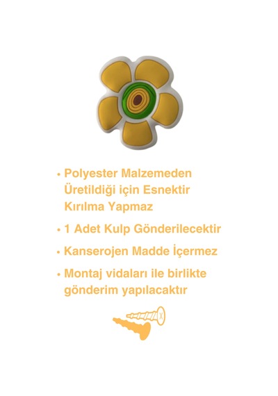 Sarı Papatya Çocuk Odası Mobilya Kulbu - Tek Vidalı - Polyester Dolap ve Çekmece Kulpu Sarı