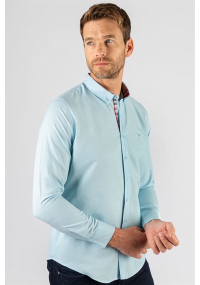 Tudors Slim Fit Dar Kesim Uzun Kol Erkek Gömlek-23454 Turkuaz