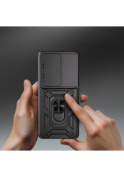 Tecno Camon 40 4g Kılıf Magnetik Standlı Kamera Korumalı Mkst Sürgülü Vega Kapak - Siyah Siyah