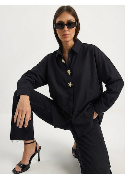 Shade Kadın Gold Düğme Aksesuarlı Poplin Gömlek 7508 60283943 - Siyah