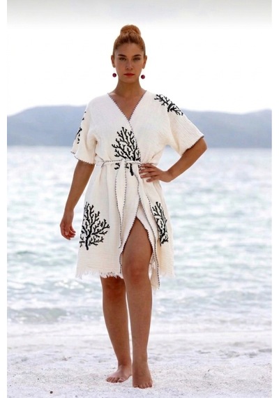 Trendol Fashion Life Desenli Plaj Kimonosu /2 Kat Müslin Kumaş Ekru Ekru