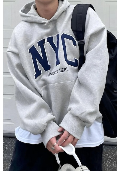 Uyguntarz Nyc Baskılı Pamuklu Oversize Sweatshirt Gri