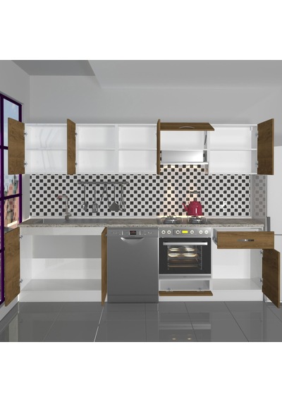 Decoraktiv Elite 280 Ankastre Fırın Modüllü Mdf Hazır Mutfak Dolabı - Tezgah Dahil - Naturel Pera Meşe