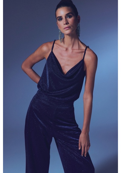Sateen Simli Degaje Yaka Bluz - Lacivert-135305 Lacivert