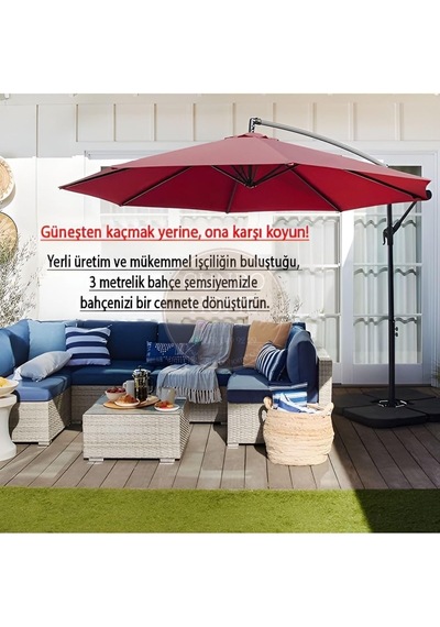 3 Mt 8 Kaburga Full Demir 21 Kg Bordo Bahçe Şemsiyesi Bordo Diğer