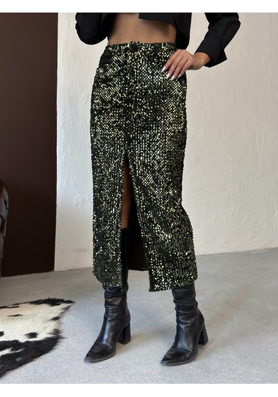 Verymoda Pullu Kadife Uzun Etek F2053 Haki