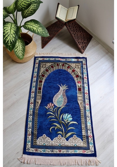 Lale Desenli Astarlı Lüks Seccade S1002 Gri Lacivert