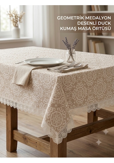 Lüks Dantelli Masa Örtüsü - Geometrik Madalyon Desenli Duck Kumaş Bej
