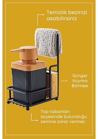 Grimorlife Metal Standlı Süngerli Tekli Siyah Ahşap Akrilik Bulaşık Deterjanı Sıvı Sabunluk 400 Ml-bez Askılığı Siyah