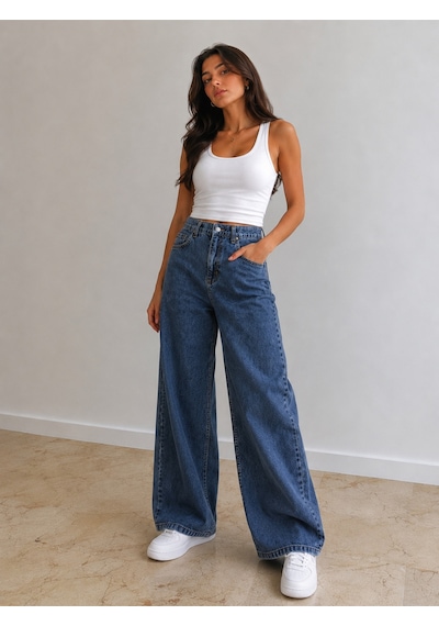 St.poll Christian 90's Orta Mavi Palazzo Salaş Paça Süper Yüksek Bel Jean Pantolon Ortamavi