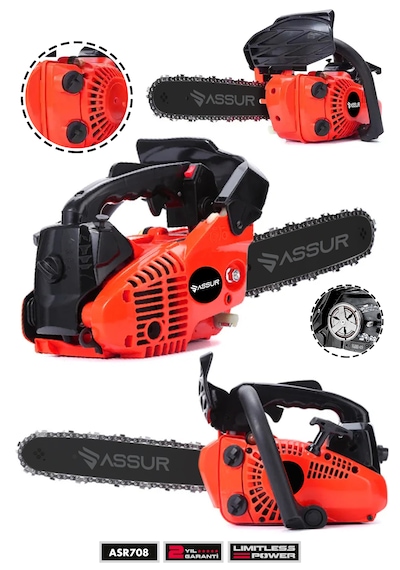 Assur ASR708 25CC Mini Benzinli Testere Ağaç Odun Dal Budama Kesme Testeresi Hızar Motoru Kırmızı