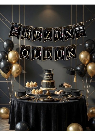 Mezun Olduk Mezuniyet Banner Siyah Gold Parti Süsü Dekorasyon Afişi Diğer