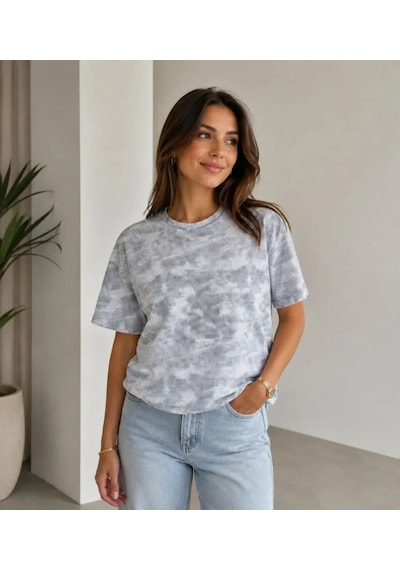 Efnaz Style Batik Desenli Tişört Bisiklet Yaka Kısa Kol Regular Fit T-shirt - Gri