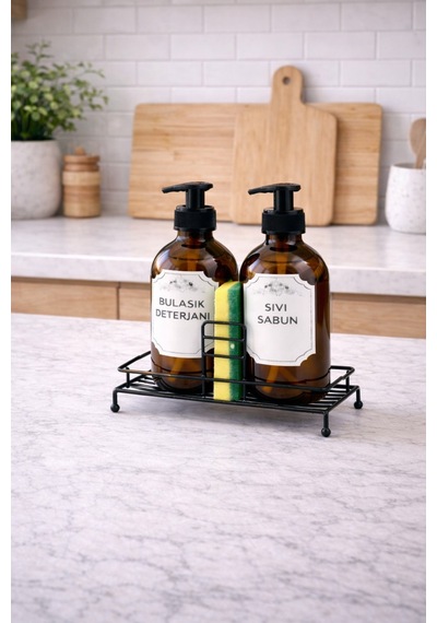Karteya Standlı Sıvı Sabunluk Seti - Standlı Sabunluk - Metal Standlı Sabunluk - 500 Ml Amber Cam Siyah