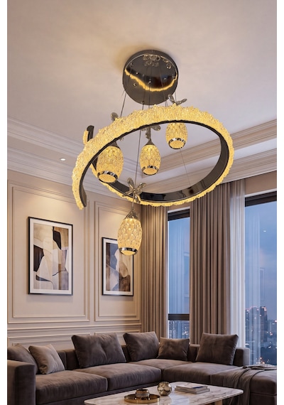 Vega 4 Top Kristal Led Sarkıt Salon Avizesi Modern Halka Tasarım Çok Renkli