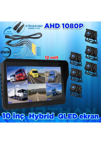 Qled 10'' Dvr Monitör 6 Adet 1080p Ahd 180 Derece Kamera 12 V