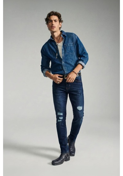 Blue White Erkek Yırtık Detay Likralı Skinny Fit Koyu Mavi Jean Pantolon 30