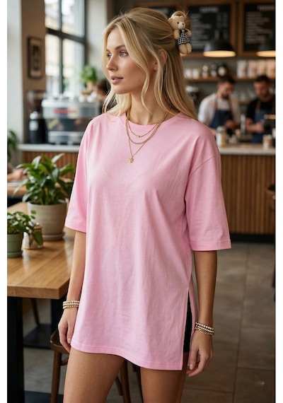 Armonika Kadın Pembe Yuvarlak Yaka Duble Kol Yanları Yırtmaçlı Pamuklu T-shirt Arm-26y137001 Armonika Kadın Pembe Yuvarlak Yaka Duble Kol Yanları Yırtmaçlı Pamuklu T-shirt Arm-26y137001