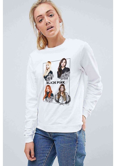 Kpop Blackpink Black Pink Baskılı Beyaz Kadın Sweatshirt
