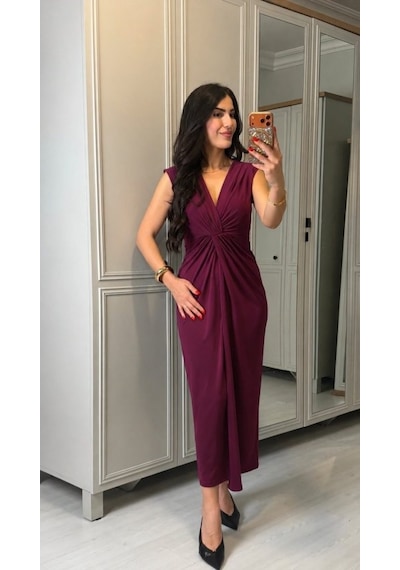De'charme Kadın Kısa Kollu V Yakalı Önü Sarmal Detaylı Yırtmaçlı Sandy Midi Elbise Bordo