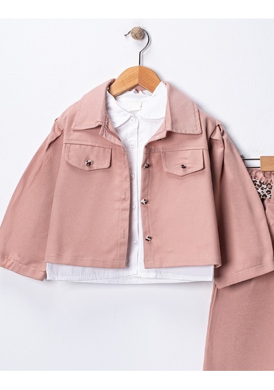 Harika Kids Kız Çocuk Gabardin Ceketli Takım Düğmeli Dokuma Gömlekli, Beli Lastikli Kemerli Pantolon 2-5 Yaş Pudra