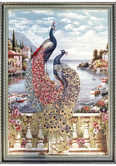 Hayvan Serisi-09 Dokuma Goblen Kumaş-Tavus Kuşu Çift