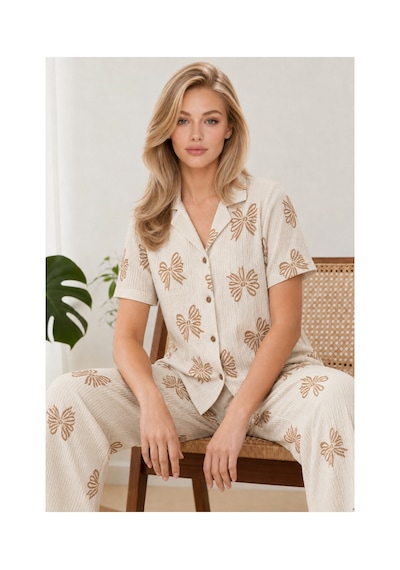 Fit Women Kadın Kısa Kol Desenli Ekru Pijama Takımı 4739