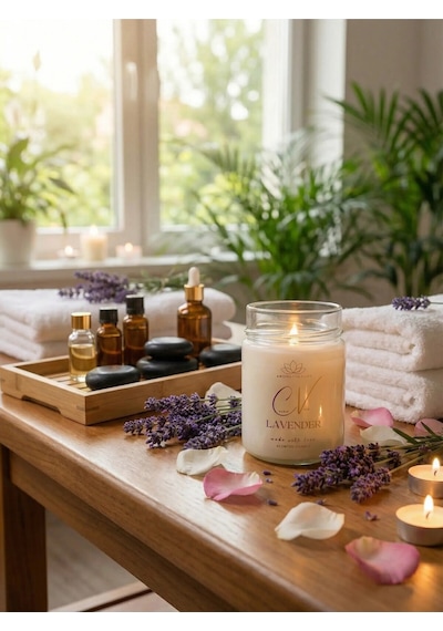 320cc Lavanta Kokulu Mum-aromaterapi Mum-%100 Doğal Soya Wax Mum-şeffaf Cam Kapaklı Mumluk Beyaz