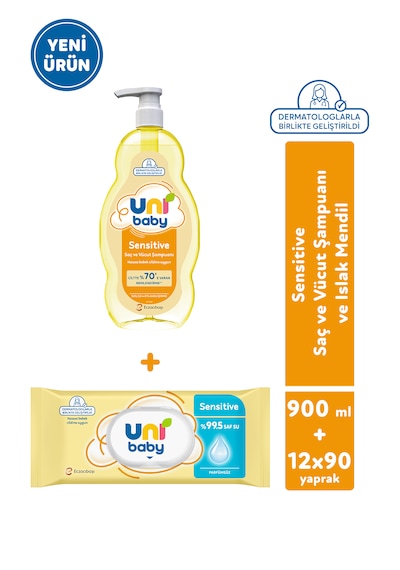 Uni Baby Sensitive Saç ve Vücut Şampuanı 900 Ml + Bebek Islak Mendili 12x90 1080 Yaprak 2'li Set